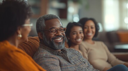 A joyful family gathering in a cozy living room, with multiple generations sitting together, laughing, enjoying each other's company. Warm lighting creates a welcoming, family-friendly atmosphere