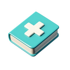 Teal medical book icon, digital cross, healthcare app, website background