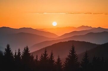 Sunset over the Carpathian Mountains, silhouettes of hills and forests against an orange sky with...