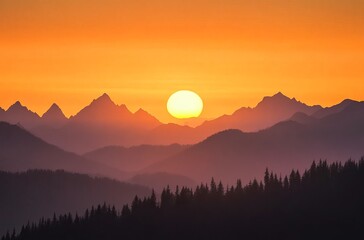 Sunset over the Carpathian Mountains, silhouettes of hills and forests against an orange sky with the sun setting in view. The mountains cover most of the frame sunset in the mountains