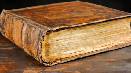 Antique Leather-Bound Book on Wooden Surface, Aged Vintage Textured Tome