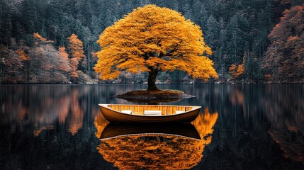 Golden autumn tree lake boat serenity nature calm