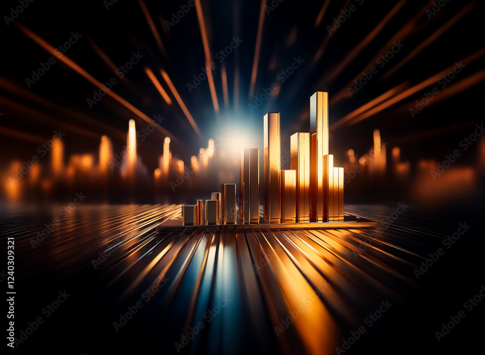 Poster golden bars form an upward trending graph, set against a dark, dynamic background with radiating lig