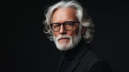Obraz premium A distinguished man stands confidently, showcasing his silver hair and beard, adorned with stylish glasses. His dark attire complements the somber mood, reflecting a story of experience and grace