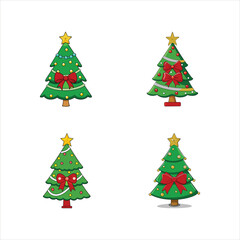 Set of Cartoon Christmas Tree with Bow Ribbon Vector Illustration

