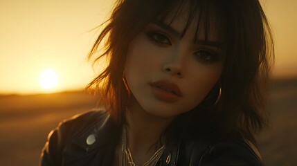 Sunset Portrait Young Woman Leather Jacket Desert