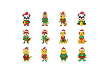 Set of Cartoon Christmas Animal Collection Vector Illustration

