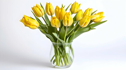 Bright yellow tulips in a simple glass vase isolated on the white background