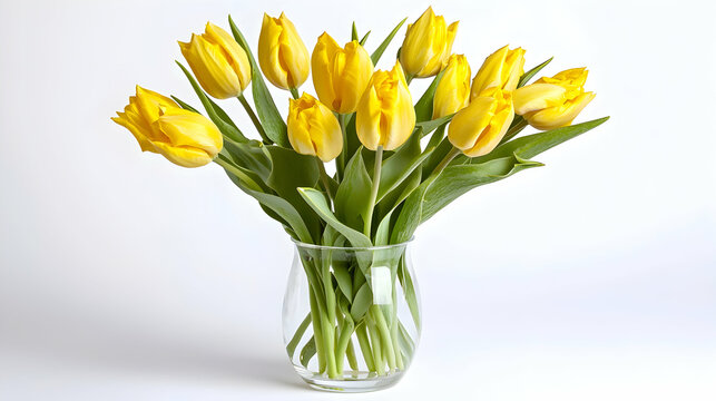 Bright yellow tulips in a simple glass vase isolated on the white background - Powered by Adobe