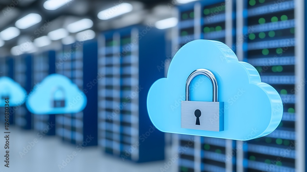 Poster a digital cloud with a lock icon representing data security in a modern server room