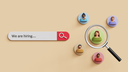 Human resources recruitment and hiring concept. CRM, HRM, job recruitment, talent acquisition and employment trends. We are hiring search bar with magnifier searching for candidate. 3D illustration