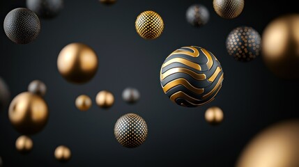 Floating Gold and Black Spheres Abstract 3D Render