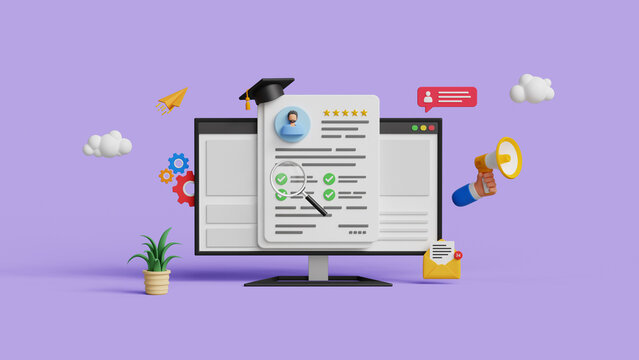 Online job application form. Finding ideal candidate, recruitment, job applicant, hiring process, head hunting, job opportunity concept. CV document on a computer screen. 3D illustration