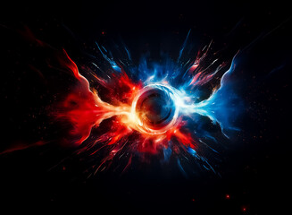 Obraz premium A mesmerizing cosmic event unfolds, a dark sphere encircled by vibrant red and blue energy bursts, resembling a celestial collision or fiery duality.