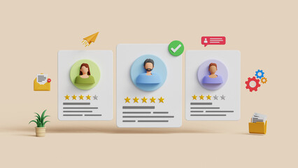 Talent acquisition and employee selection concept. Human Resource Management, HRM, Candidate recruitment, CRM. CV Evaluation for Identifying the Ideal Applicant. 3D illustration