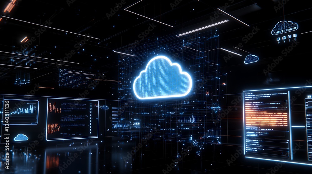 Poster a digital cloud icon displayed on a modern computer screen surrounded by data and code