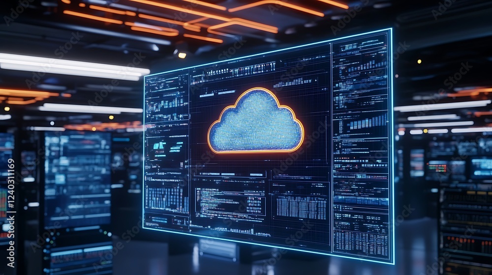 Poster a digital cloud icon displayed on a modern computer screen surrounded by data and code