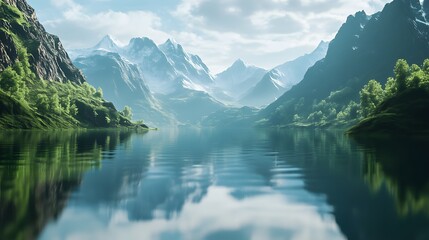 Fototapeta premium Serene mountain landscape, pristine lake reflecting peaks, lush greenery surrounding tranquil water, ideal for relaxation themes.