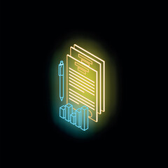 Neon yellow documents with pen and growing blue bar graph symbolizing business analysis on black background