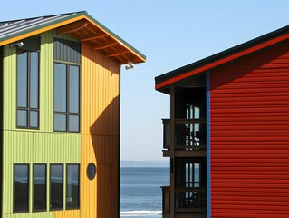 Coastal Modern Architecture, Vibrant Green and Red Houses by the Ocean