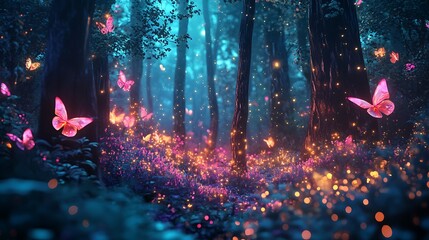 Enchanted Forest with Glowing Butterflies and Fireflies