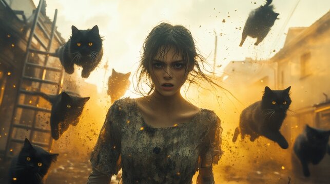 Frantic woman frightened face in a shabby fashion dress sprinting under a street ladder chased by fierce black cats The scene is chaotic using lens flares and motion blur for a dynamic 3D cartoon look