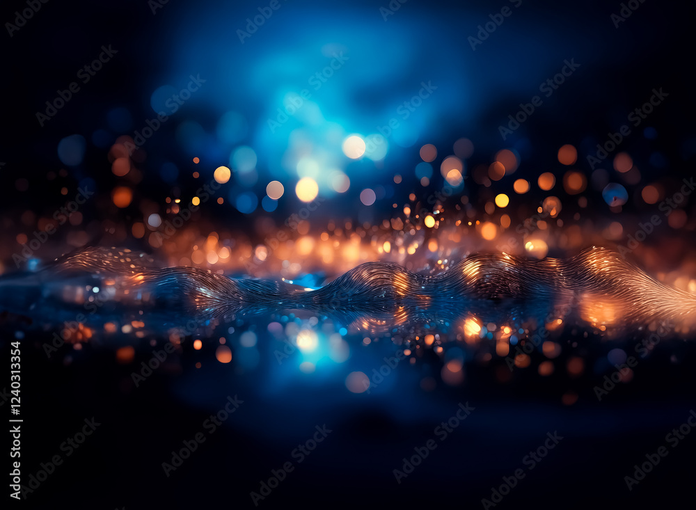 Aufkleber A mesmerizing abstract image of glowing particles, creating a wave-like texture with blue and orange hues against a dark background. The lights shimmer and create a sense of depth and movement.