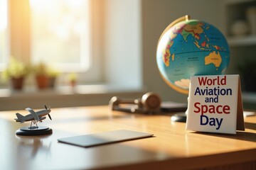 Wooden desk with a small model of a plane, a globe, and a placard reading "World Aviation and Space Day," lit by warm sunlight from a window with soft shadows