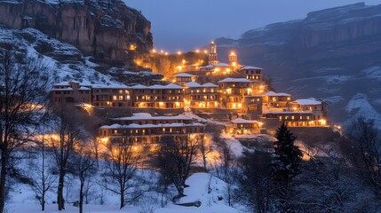 Fototapeta premium Snowy Mountain Village at Night, Illuminated Houses and Church