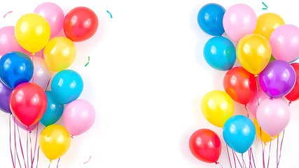 colorful party balloons on white background. Festive party and Happy birthday decoration with copy space. set of multicolored balloons space for text. Generative AI