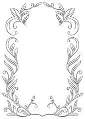 Black and white digital art nature leaves frame template. Isolated Hand drawn black contours of leaves on white background. Template for design, coloring page, invitation