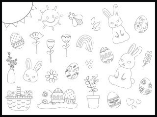 hand drawn illustration of a set monochrome line of Easter holiday sticker pack design elements. Cute elements doodle collection in flat style. For poster, card, scrapbooking, invitation, graphic