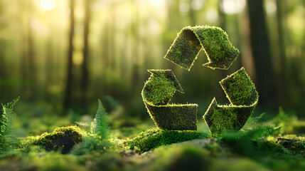 Mossy recycle symbol in forest; eco-friendly concept