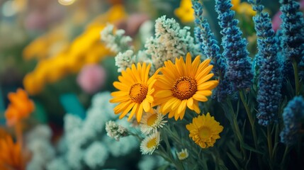 Yellow daisies and lavender showing summer colors