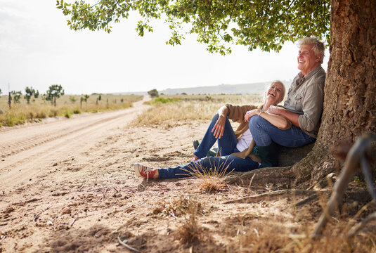 Laugh, senior couple and together on farm, outdoor and tree in countryside for relaxing and bonding. Mature man, woman and farmers with smile for retirement, nature or environment for rural land rest