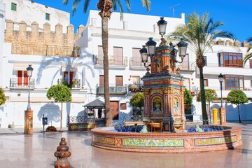 Vejer de la Frontera square with fountain, Cadiz province, Andalusia, Spain