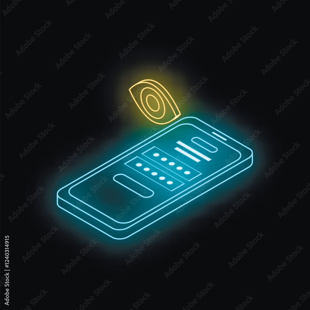 Wall mural password viewing with eye icon over smartphone with neon isometric projection on dark background