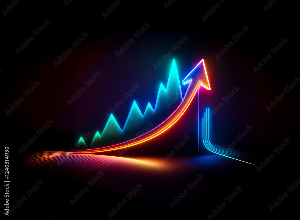 Poster Vibrant neon arrow and line graph ascend against a dark background, symbolizing growth and progress.  A futuristic representation of upward trajectory and success.