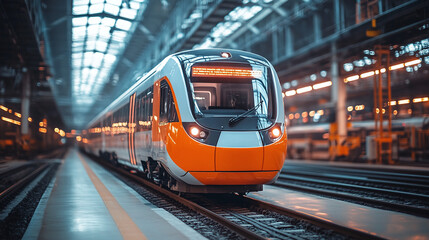 Fototapeta premium Modern electric train on rails in a repair depot