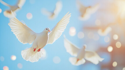Obraz premium Beautiful white doves, symbols of peace, fly in a sunny sky