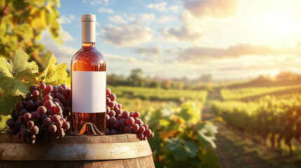 Fototapeta premium A bottle of wine with a white label mockup stands on a wooden barrel next to a grape branch on a blurred background of vineyards and a pleasant warm sunlight