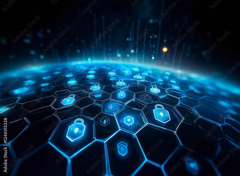 Fototapete glowing blue hexagonal grid encircles a dark sphere, each hexagon containing a glowing padlock icon,