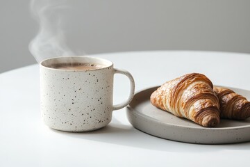 a cup of hot coffee and a plate with two croissants