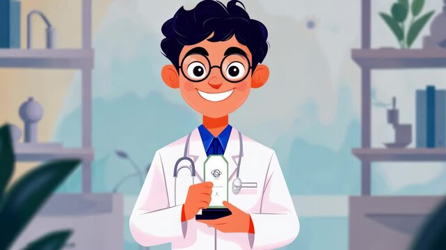 Smiling medical professional in white lab coat and stethoscope posing with pillbox near laboratory equipment and shelves, representing healthcare expertise