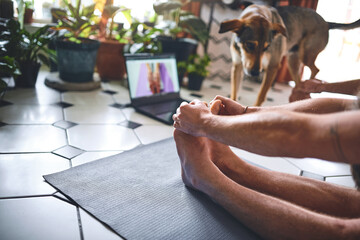 Couple, laptop and legs for yoga in home, stretching tutorial and online for spiritual fitness....