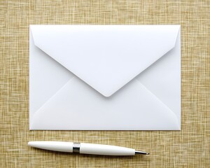 Blank White Envelope and Pen on Beige Fabric Background