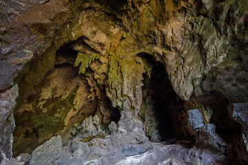 Many rock formations inside the scenic Railay Bat Cave on Phranang (Phra Nang) Beach in Railay, Krabi, Thailand.