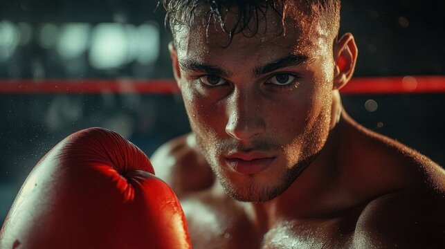 A man wearing boxing gloves strikes a pose against a vivid green background, showcasing his strength and athleticism. The bright green backdrop accentuates the intensity of his stance