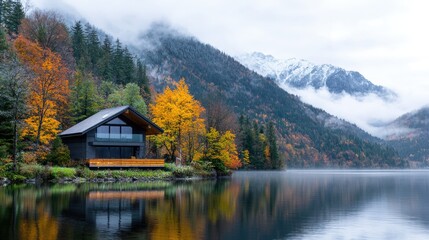 Fototapeta premium Modern cabin autumn lake mountains misty background; travel brochure