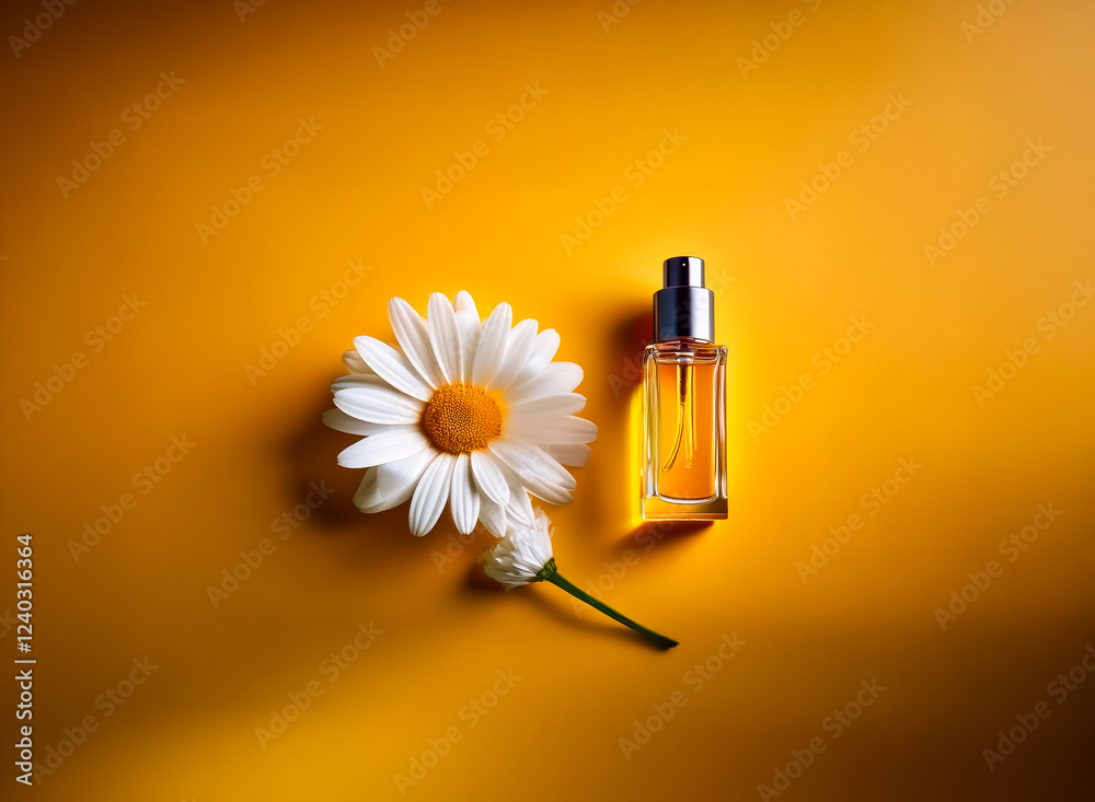 Poster a single chamomile flower and a bottle of amber perfume rest on a vibrant yellow background, creatin